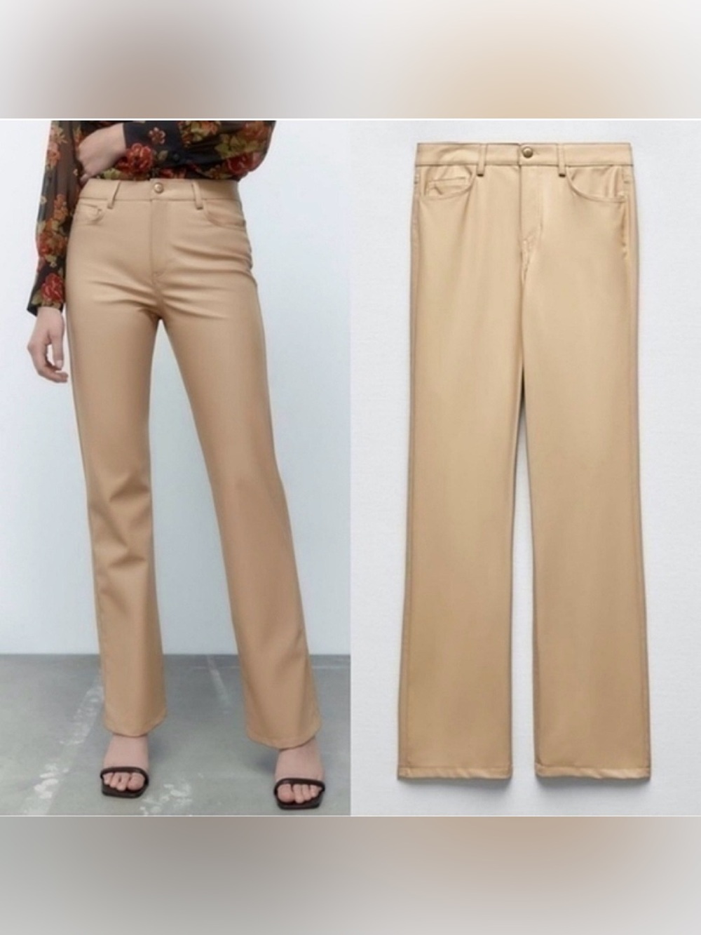 NWT. Zara Cream Women’s Classic Straight-Leg Trousers with Gold Button Zipper.